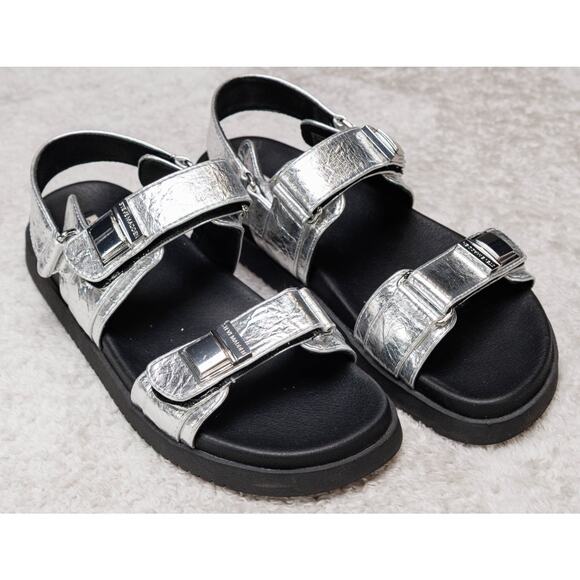 Steve Madden Marnie Metallic Silver Black Slide Sandals Womens Size 9.5 - Picture 1 of 14